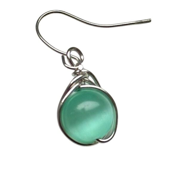 Seafoam Glass Orb Drop Earrings – Wire Wrapped Silver Tone with Keepsake Pouch - Picture 2 of 6